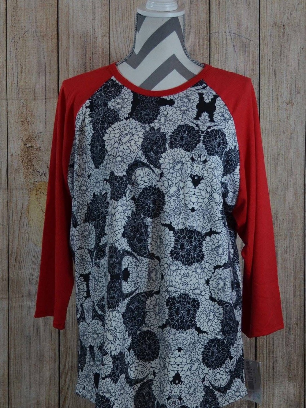 LuLaRoe Red Sleeve Randy Black and White Floral Raglan Top